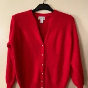 Vtg Victoria Jones Women's Red Angora Lambswool Cardigan Sweater Size M